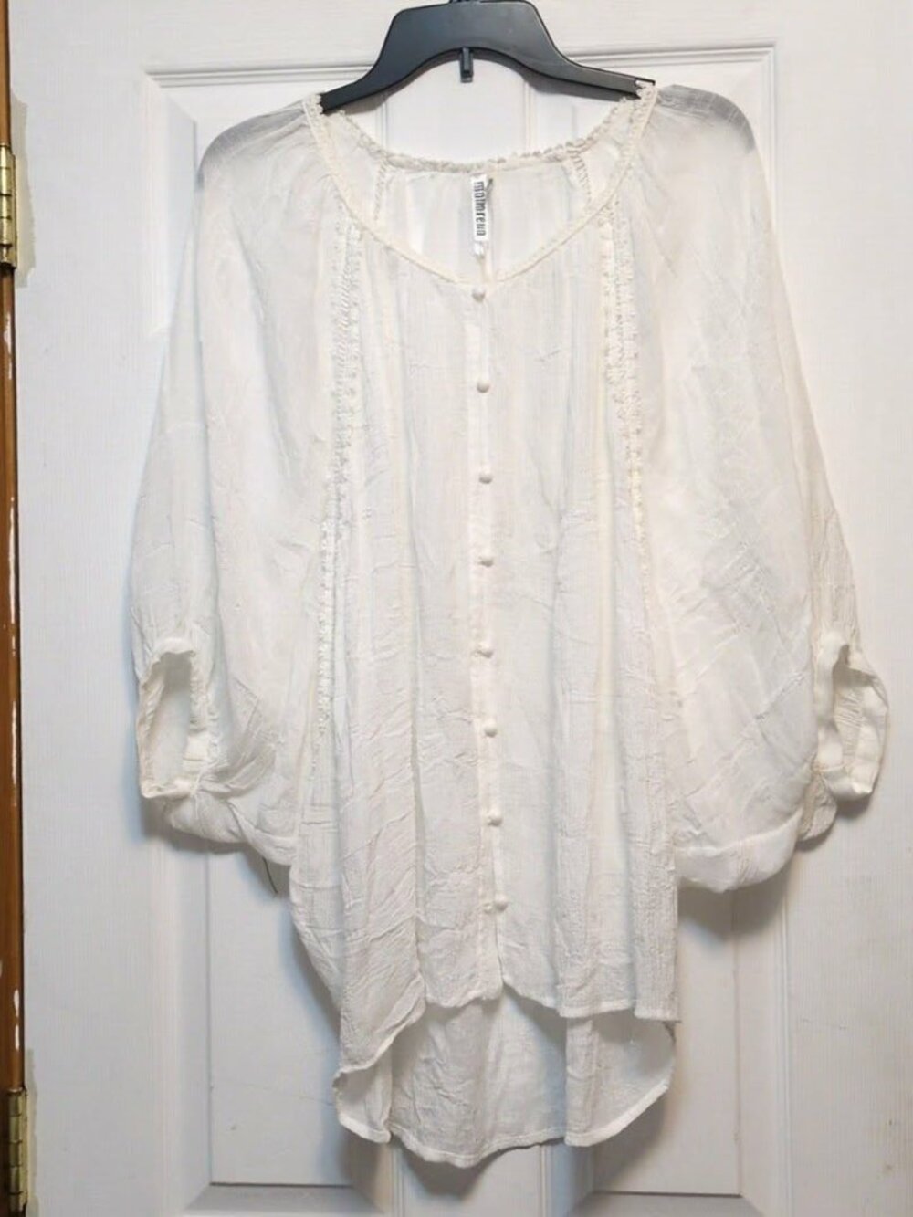 Monoreno White Boho Peasant Blouse Sz L 3/4 Balloon Sleeve Button Crochet Sheer